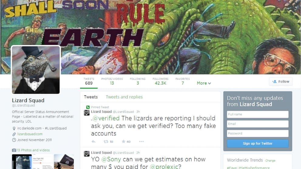 Sony PSN hackers Lizard Squad helped the GoP in the Sony Pictures Attack
