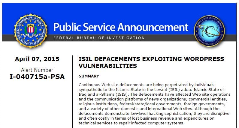 FBI warns of attacks against WordPress-based sites run by ISIS sympathizers