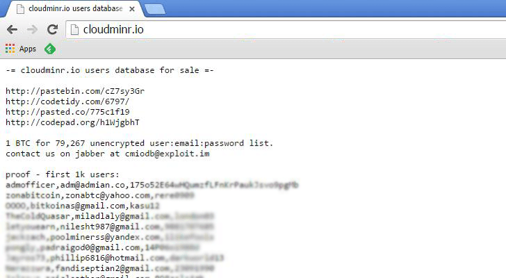 Cloudminr Mining Service hacked, DB available online for 1 Bitcoin