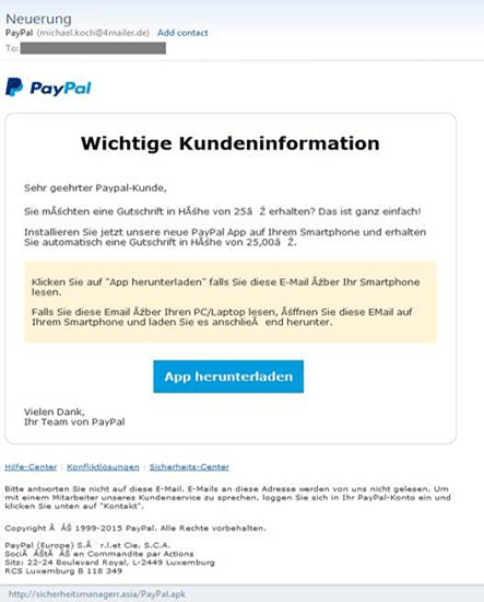 Bogus PayPal App used to spread a banking Trojan