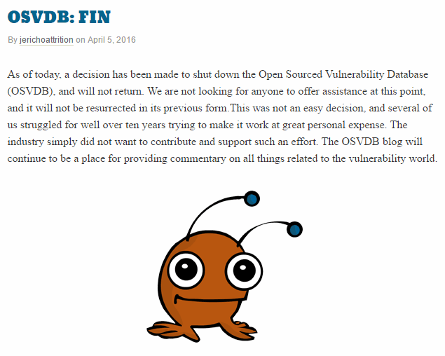 The Open-source vulnerabilities database (OSVDB) shuts down permanently