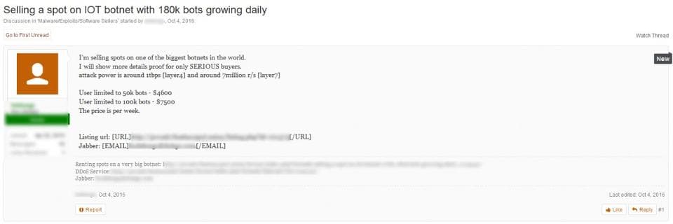 Hackers offered an loT botnet for $7,500. The recent attack may be just a test