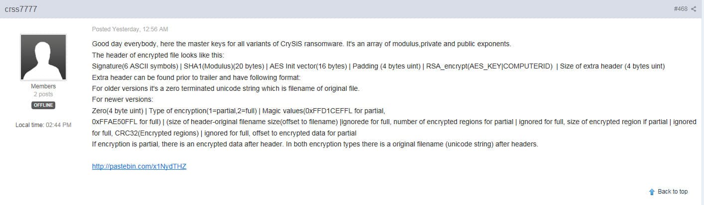 CrySis ransomware decryption keys published online