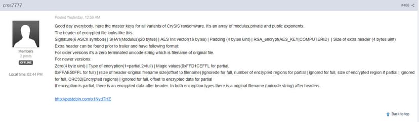CrySis ransomware decryption keys published online