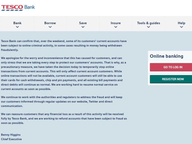 Tesco Bank suspended all online transactions due to a cyber heist