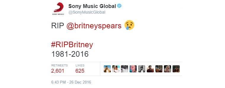 Hacked Sony Music Entertainment account tweeted about Britney Spears’s Death