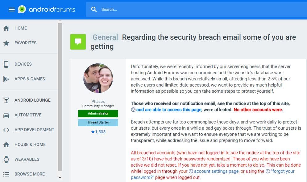 Data breach – Are you an Android Forums user? Resets your passwords now.