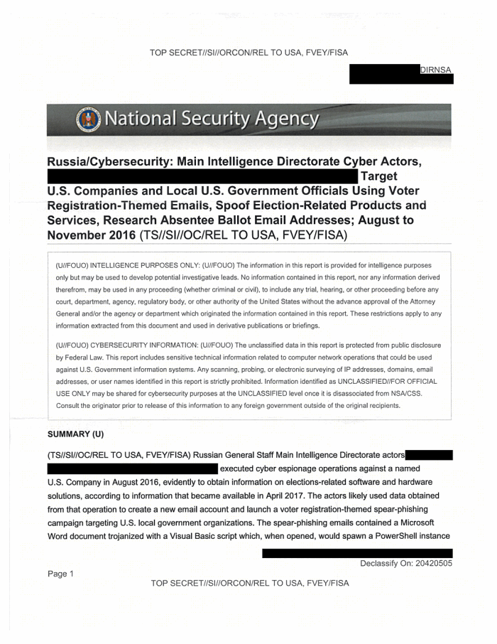 NSA top-secret report details Russian cyber operations days before 2016 election
