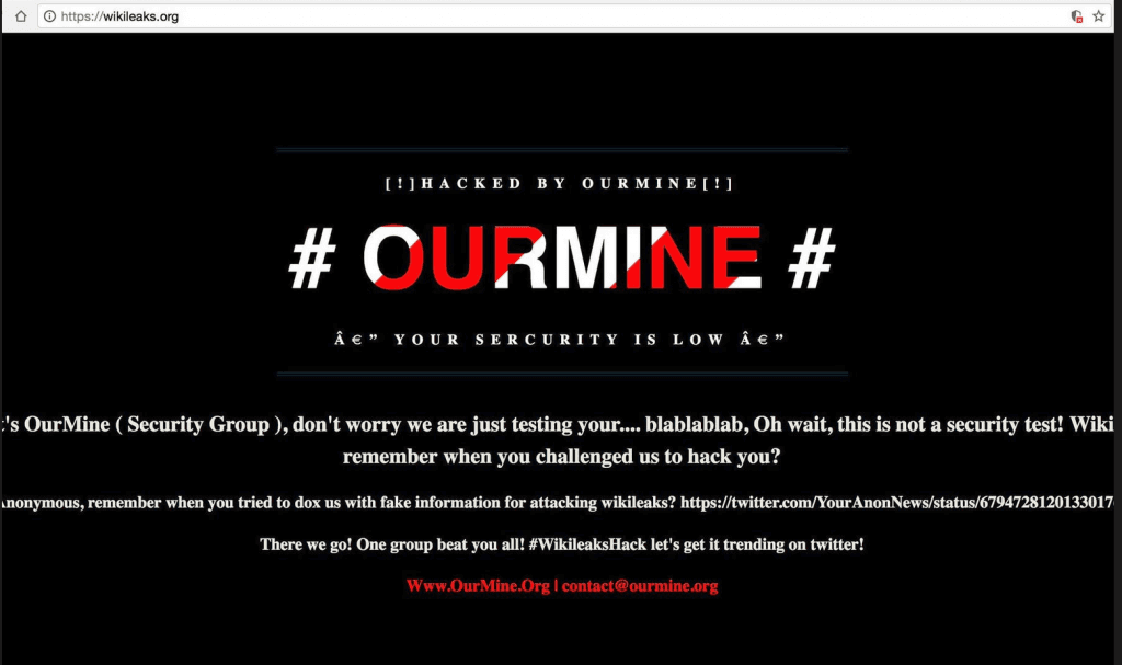 The OurMine hacker group defaced WikiLeaks website with a DNS redirect