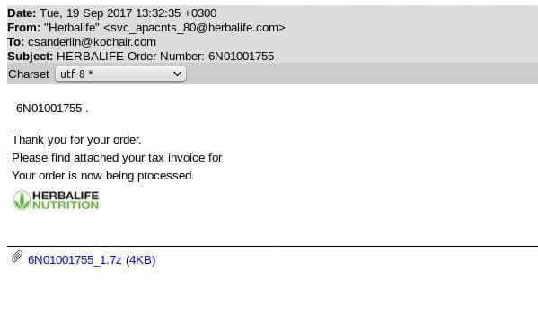 Massive HerbaLife spam campaign spreads a variant of Locky ransomware