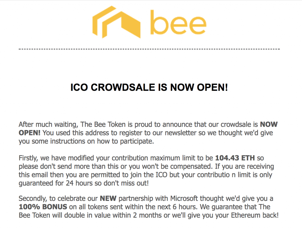 More than 1 million worth of ETH stolen from Bee Token ICO Participants with phishing emails