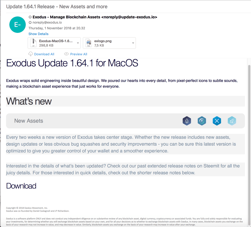 exodus update phishing message