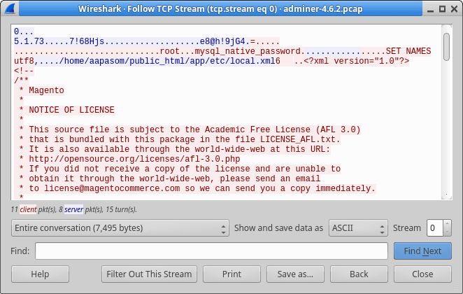 mySQL adminer-wireshark