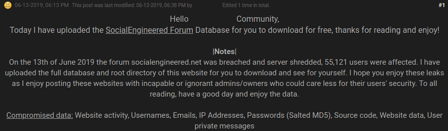 SocialEngineered forum leak post