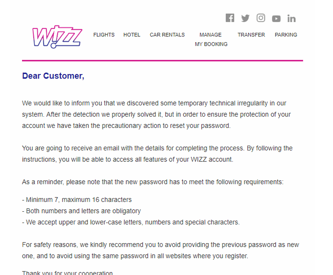 WizzAir informed customers it forced a password reset on their accounts
