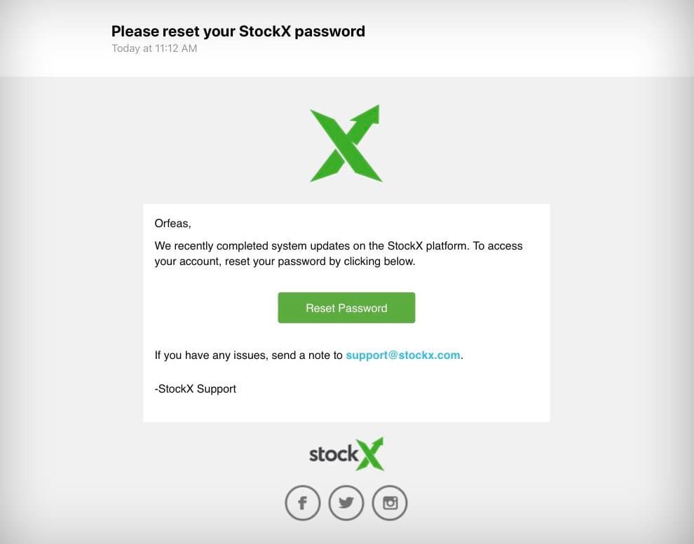 StockX pwd reset