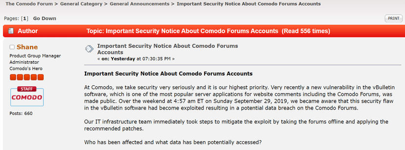 Hackers breached one of Comodo Forums, 245,000 users impacted