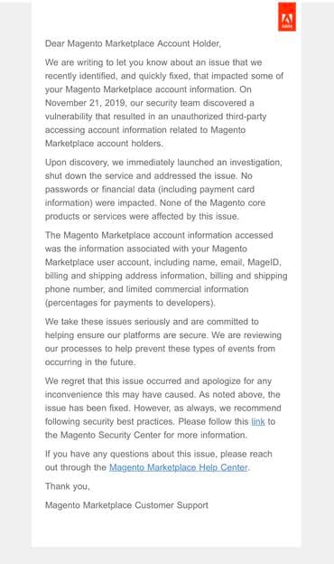 Adobe revealed that the Magento Marketplace was hacked