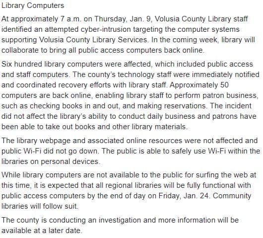 Malware attack took down 600 computers at Volusia County Public Library