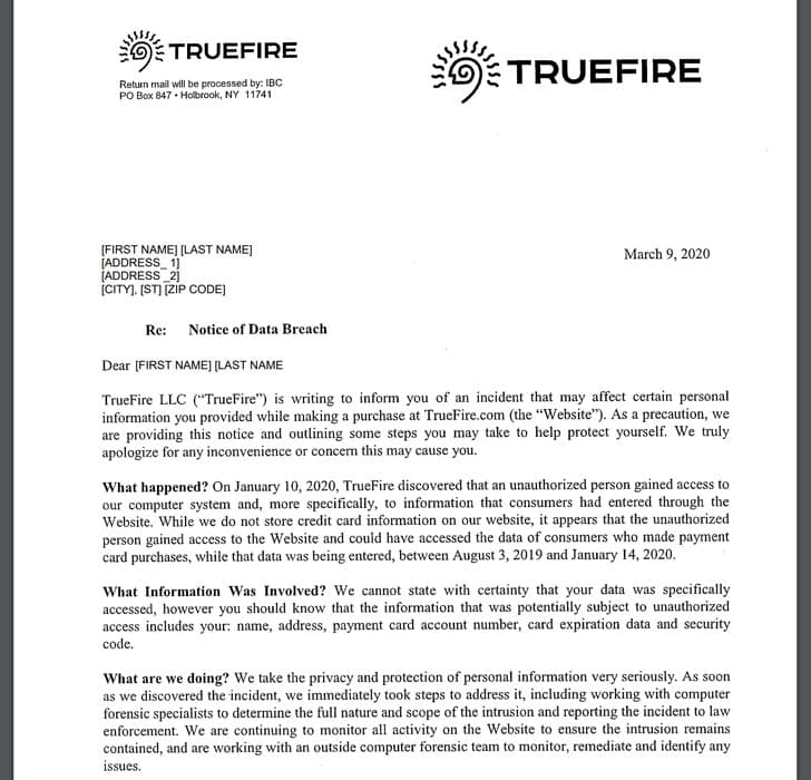 TrueFire Guitar tutoring website was hacked, financial data might have been exposed