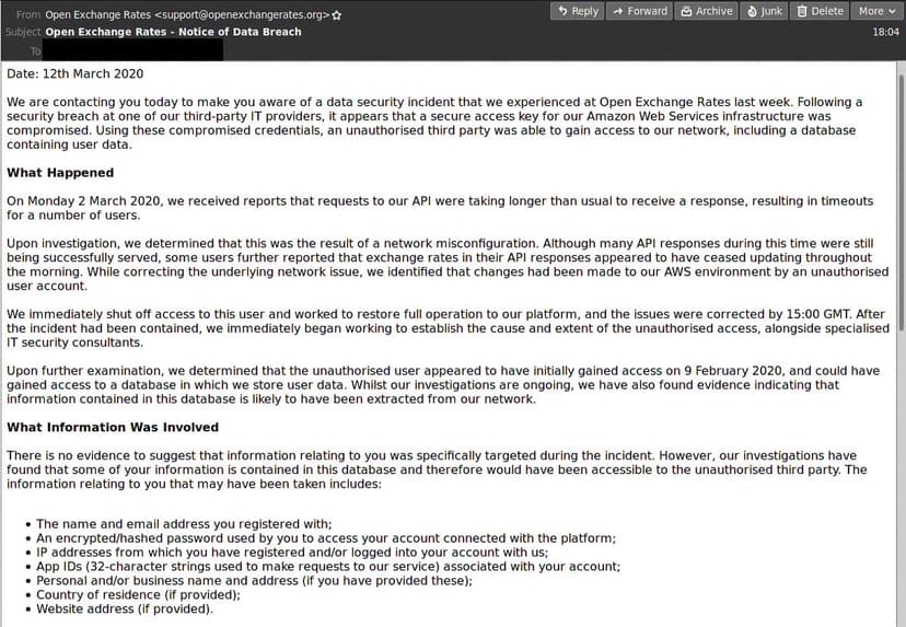 Open Exchange Rates discloses a security breach