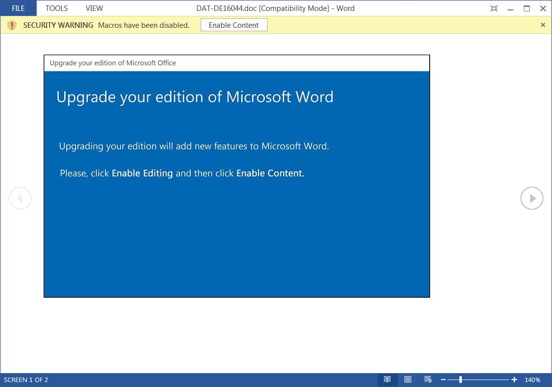 New Emotet attacks use a new template urging recipients to upgrade Microsoft Word