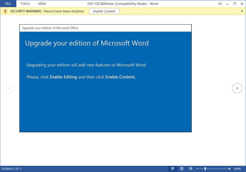 New Emotet attacks use a new template urging recipients to upgrade Microsoft Word