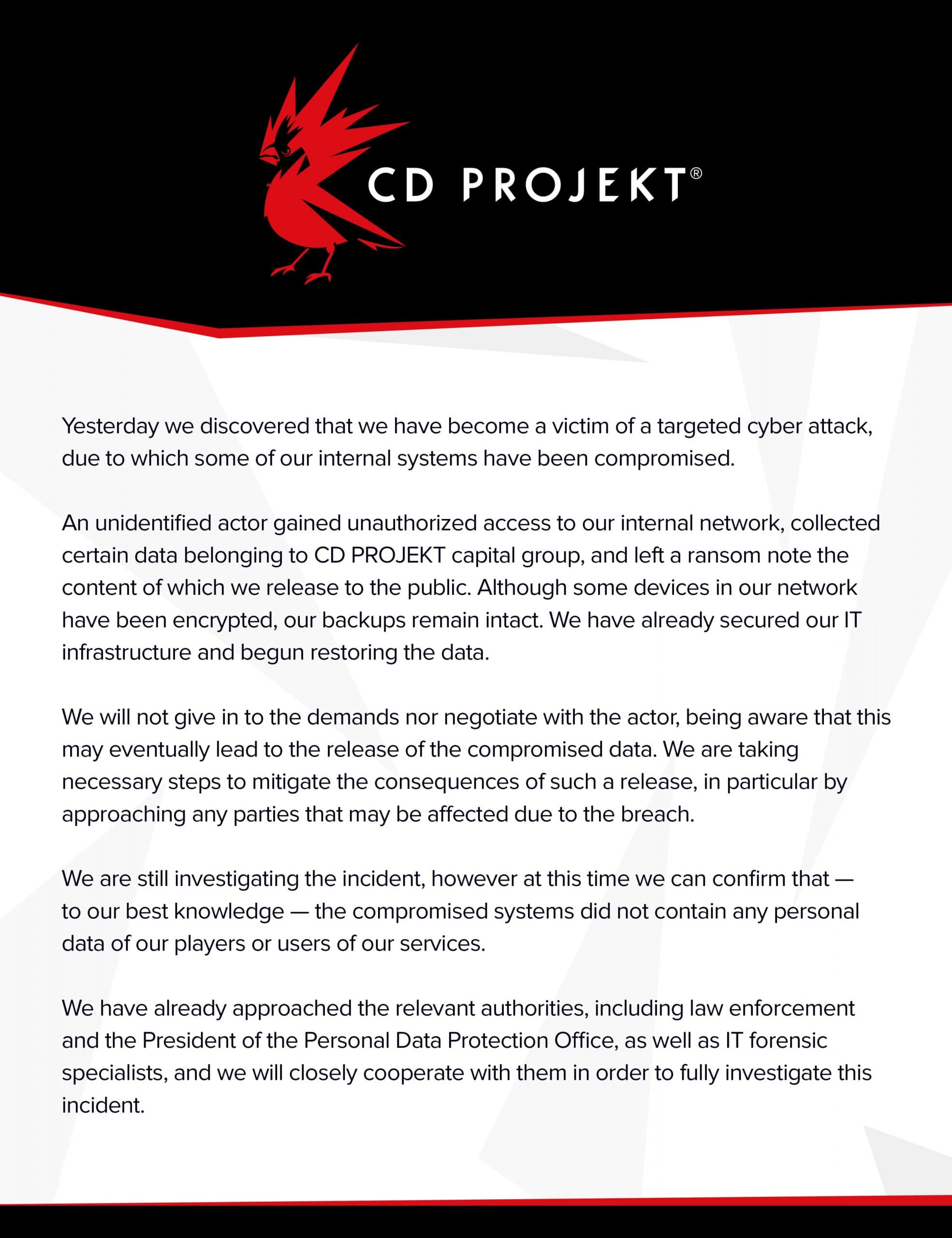 CD Projekt RED ransom note