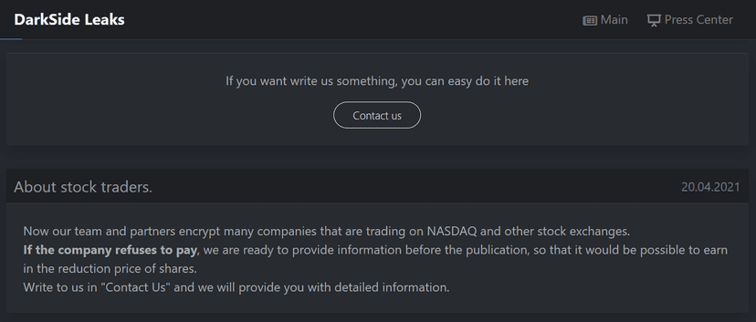 Darkside Ransomware gang aims at influencing the stock price of their victims