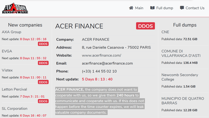 Avaddon Ransomware gang hacked France-based Acer Finance and AXA Asia