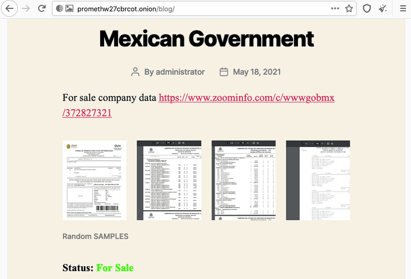 Prometheus and Grief – two new emerging ransomware gangs targeting enterprises. Mexican Government data is published for sale.