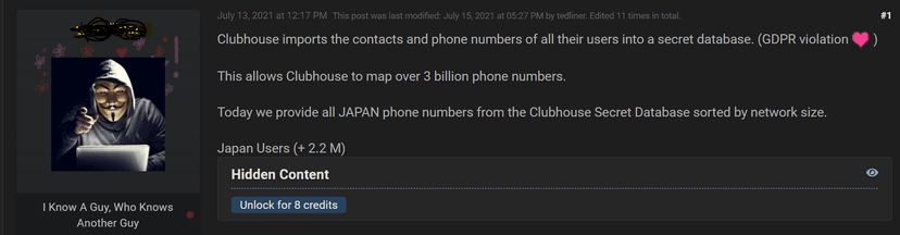 Threat actor offers Clubhouse secret database containing 3.8B phone numbers