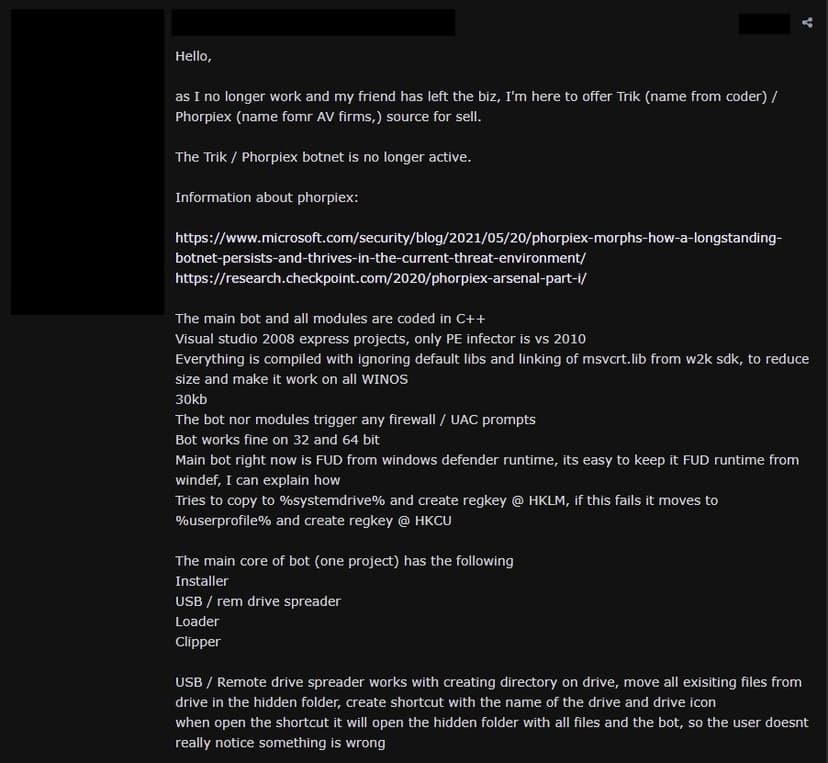 Phorpiex botnet shuts down and authors put source code for sale