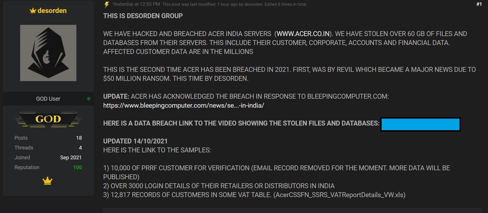 ACER INDIA data breach