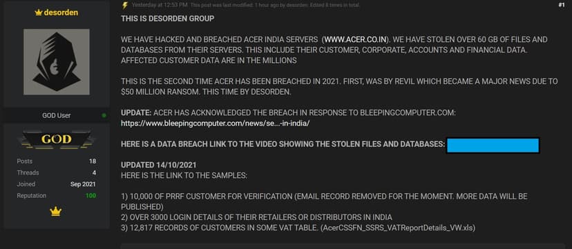 Acer suffers a second data breach in a week