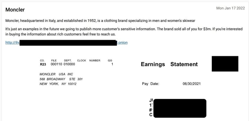 AlphV/BlackCat ransomware gang published data stolen from fashion giant Moncler