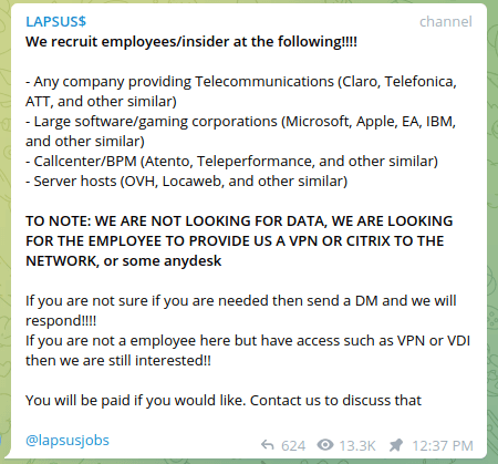 Lapsus$ Ransomware Group is hiring, it announced recruitment of insiders