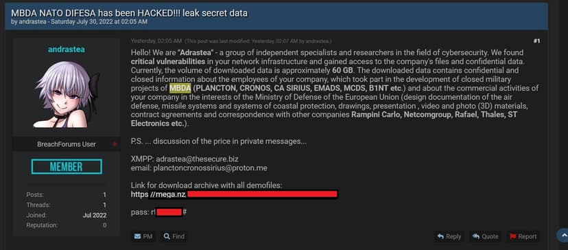 Threat actor claims to have hacked European manufacturer of missiles MBDA