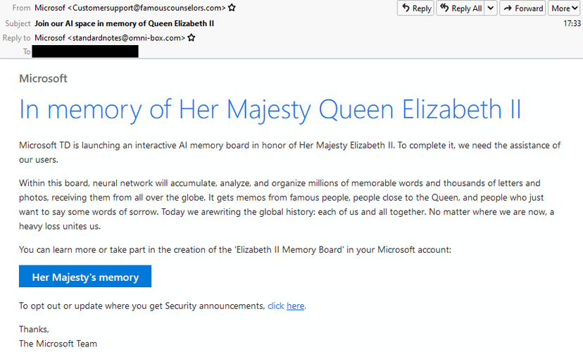 Crooks are using lures related to Her Majesty Queen Elizabeth II in phishing attacks