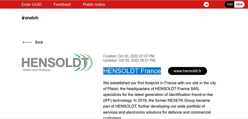 Snatch group claims to have hacked military provider HENSOLDT France
