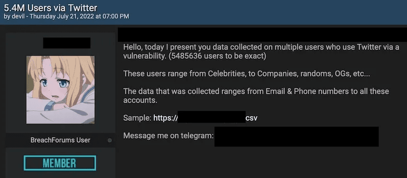 Data from 5.4M Twitter users obtained from multiple threat actors