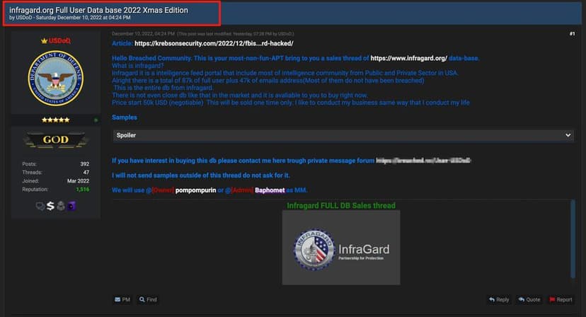 Database of the FBI's InfraGard US Critical Infrastructure Intelligence portal available for sale