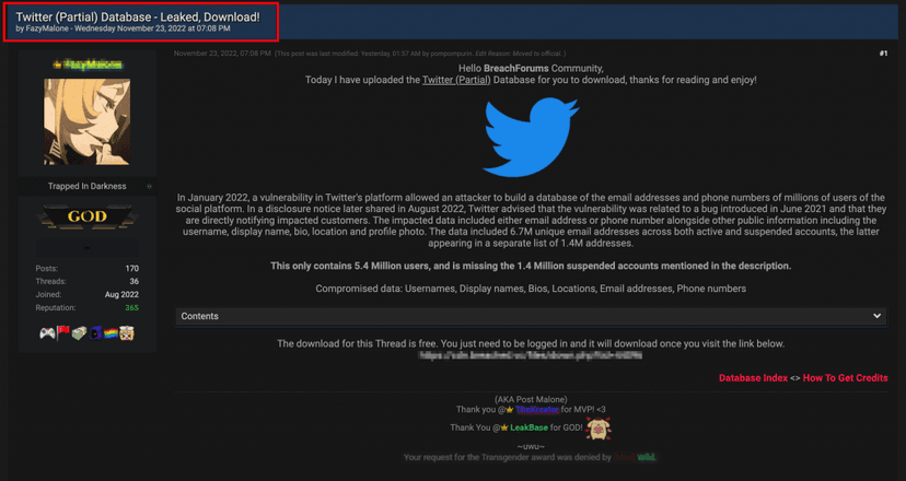 Twitter says recently leaked user data are from 2021 breach