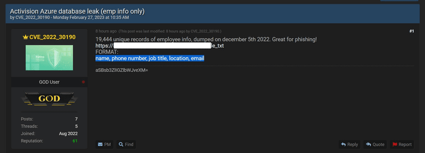 Threat actors leak Activision employee data on hacking forum