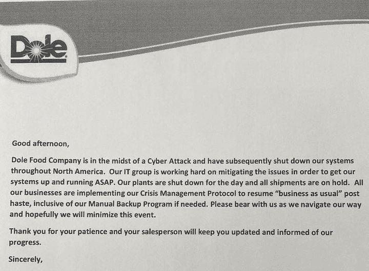 Ransomware attack on food giant Dole Food Company blocked North America production