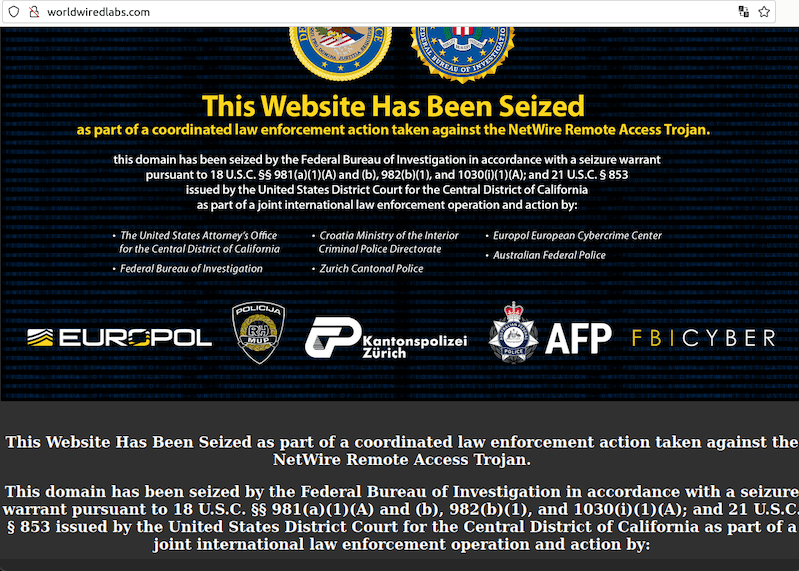Law enforcement seized the website selling the NetWire RAT and arrested a Croatian man
