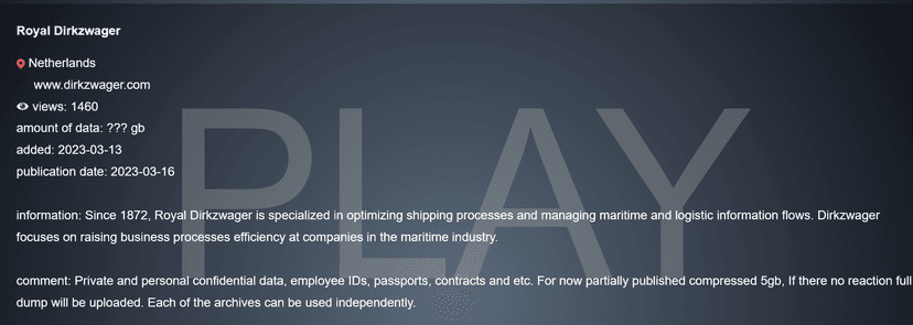 Play ransomware gang hit Dutch shipping firm Royal Dirkzwager