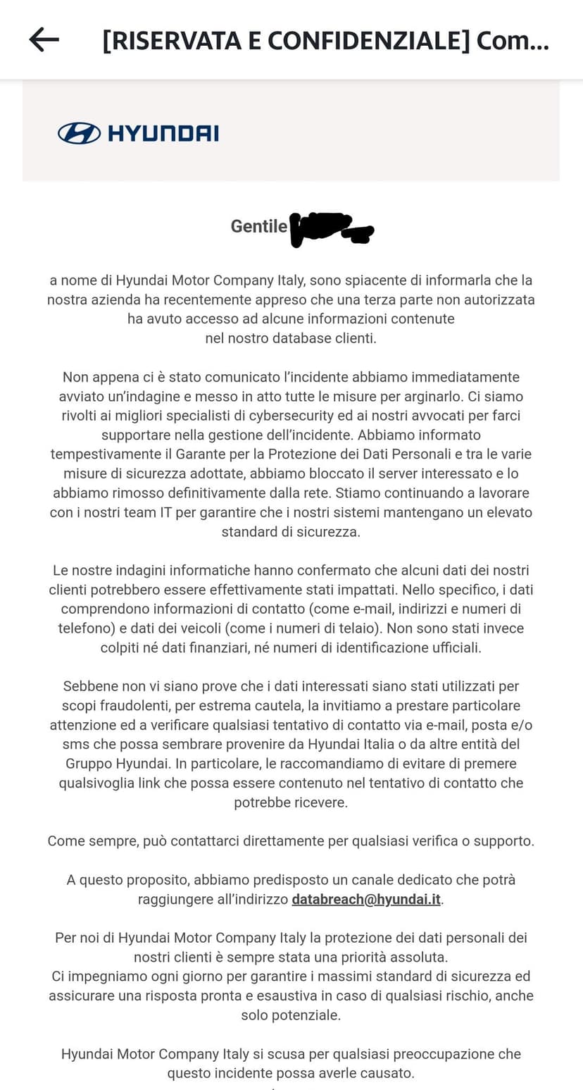 Hyundai suffered a data breach that impacted customers in France and Italy
