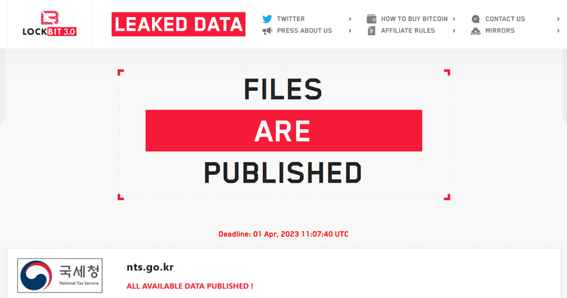 LockBit leaks data stolen from the South Korean National Tax Service