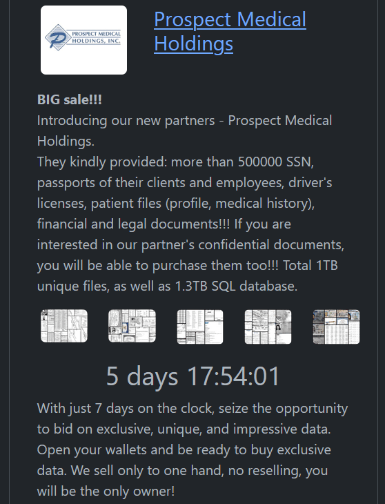 Rhysida ransomware group claims the hack of Prospect Medical